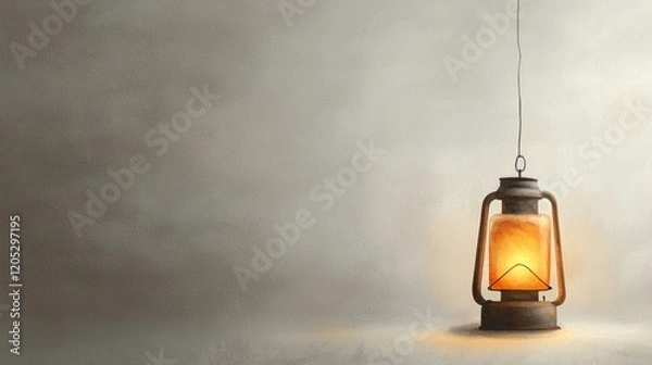 Fototapeta A vintage lantern emits a warm glow against a soft, neutral background.