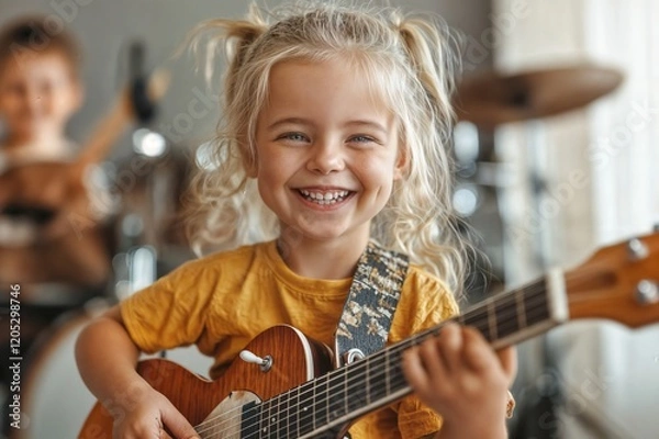 Obraz Fröhliches kleines Mädchen spielt auf einer E-Gitarre, Musik und Spaß, Happy Little Girl Playing an Electric Guitar, Music and Fun