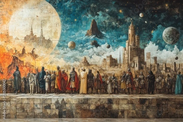 Obraz Historical Timeline Mural   Illustrations capturing pivotal moments in history, from ancient civilizations to modern achievements, displayed in a continuous and engaging timeline.