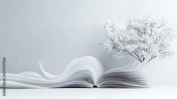 Fototapeta White tree growing from open book pages, on white background; education, growth concept