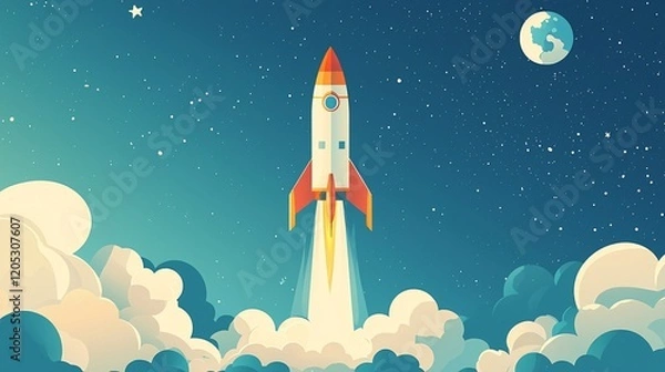 Fototapeta Flat Rocket Launch with Clean Aesthetics for Startup Growth