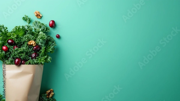 Fototapeta A minimalist setup of a packaged salad with kale, cranberries, and walnuts, placed on a plain pastel-colored background with a focus on freshness