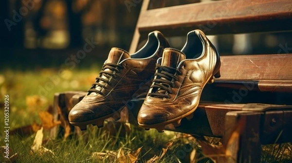 Obraz A photo of football cleats on a bench.