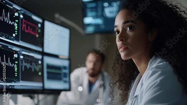 Fototapeta Emergency Reception with Nurse: A tense, fast-paced emergency department reception, with a nurse urgently assisting patients. Monitors display vital signs, and the environment feel