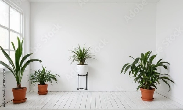 Fototapeta Three potted plants in a white room with one of the pot placed on a stand...Concept: Minimalist style, plant decor, home.