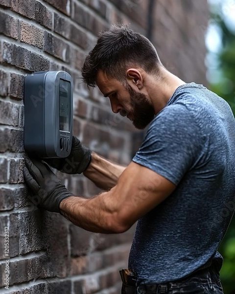 Fototapeta Man installing a wall-mounted device