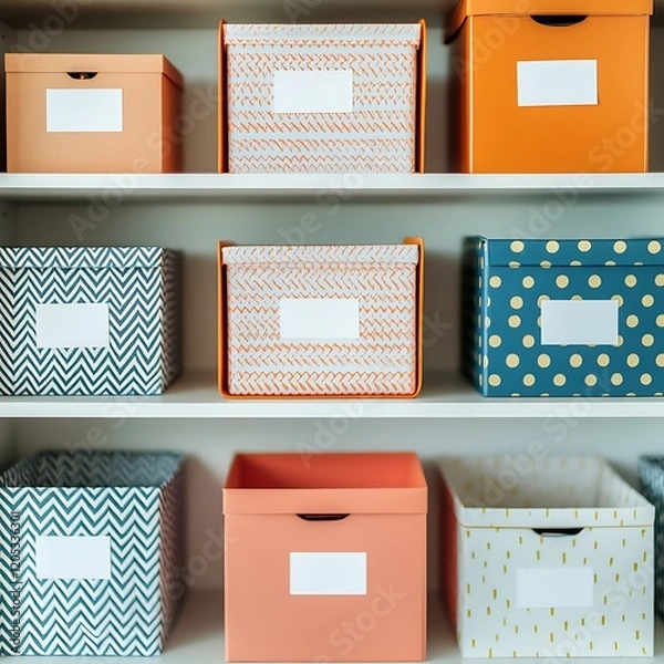 Obraz routine pattern organization Colorful storage boxes neatly arranged on a shelf, offering organization and style.