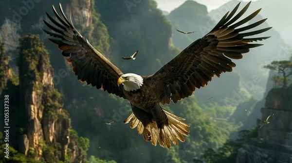 Obraz A photo of a bald eagle soaring in the sky.