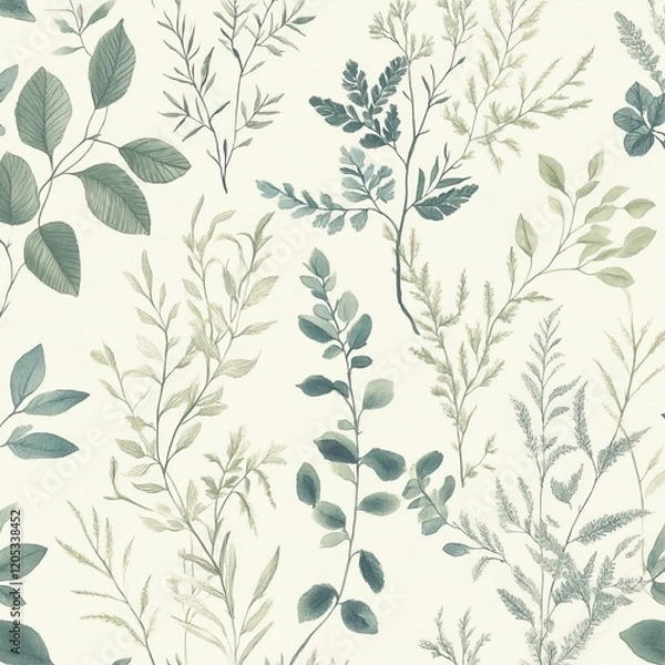 Fototapeta Elegant watercolor botanical pattern featuring eucalyptus and fern leaves in soft green blue tones