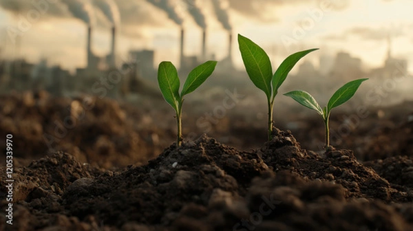Obraz Young plants sprouting from soil, with a polluted, hazy background of landfills and smog, representing environmental hope.