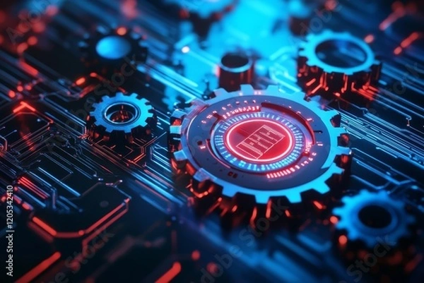 Obraz Futuristic digital technology concept with circuit board, gears, and binary code on dark blue