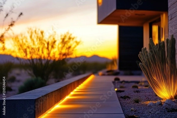 Fototapeta A desert plant highlighted by the warm light of sunset in a vast desert landscape