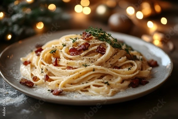 Fototapeta Festive Pasta Dish with Creamy Alfredo, Bacon, and Holiday Decor