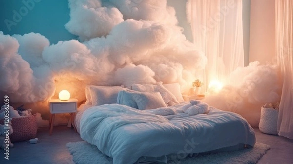 Fototapeta Cloud-themed bedroom decor with fluffy white cloud wallpaper, soft lighting, and cozy textiles, creating a dreamy and calming atmosphere