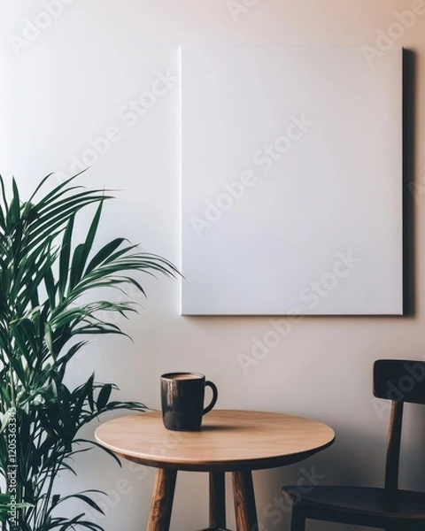 Fototapeta Blank canvas mockup on wall, plant, coffee cup on wooden table.