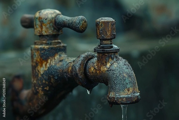 Obraz A weathered and corroded faucet with water droplets forming and dripping from its spout.