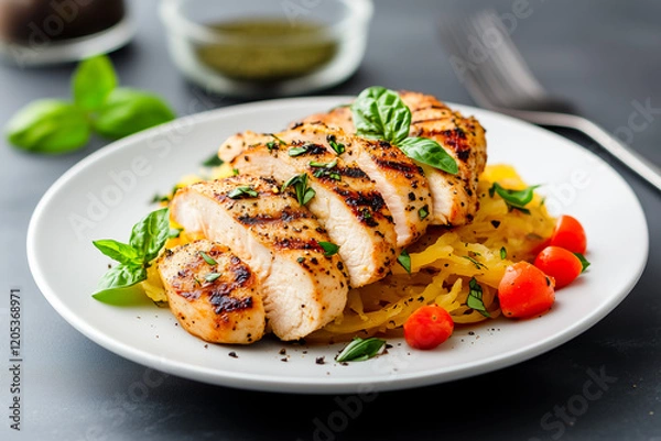 Fototapeta Spaghetti squash with homemade tomato basil sauce and grilled chicken slices. clean salad, Healthy food, Superfoods, and Nutrition.