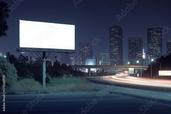 Fototapeta Empty billboard at night overlooking a city skyline