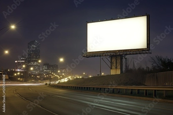 Fototapeta Empty billboard at night overlooking a city skyline