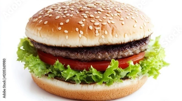 Fototapeta A detailed close-up of a delicious hamburger showcasing fresh lettuce, ripe tomato, and melted cheese.