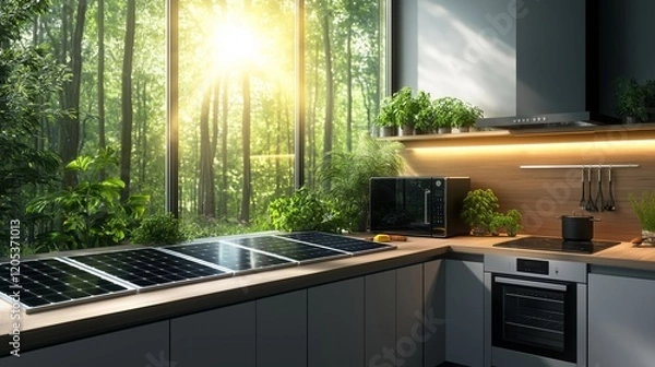 Fototapeta A futuristic kitchen with sleek solar-powered appliances, surrounded by lush greenery and bathed in natural sunlight through large windows