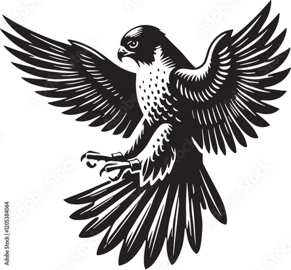 Fototapeta Black Color Peregrine Falcon Silhouette Vector Illustration, Solid White Background. minimal vector design