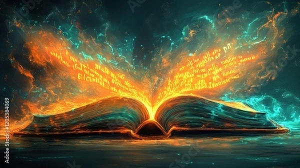 Fototapeta Fiery, glowing book; magical, ancient script.