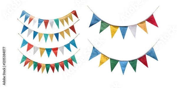 Fototapeta Triangle flag garland for birthday party banner. Fair string pennant bunting decoration to celebrate summer carnaval, png collection isolated on transparent background
