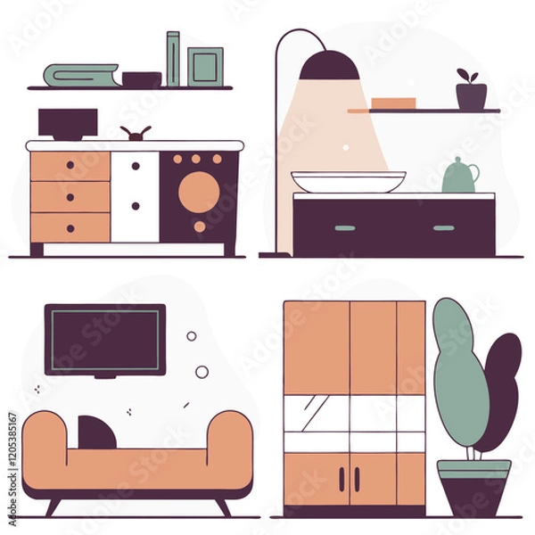 Fototapeta Charming Hand-Drawn Home Furnishing Icons: Interior Design Elements bed rug room sofa lamp vase cozy