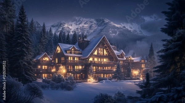 Fototapeta A stunning mountain lodge set amidst snow-capped peaks, exuding warmth and charm with its glowing lights and tranquil alpine setting.