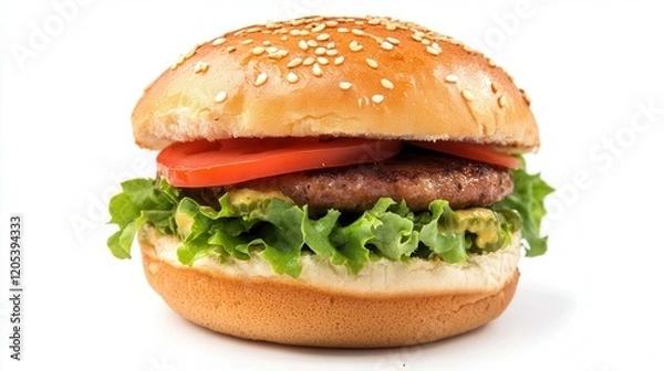 Fototapeta A delicious hamburger featuring fresh lettuce, ripe tomato, and melted cheese, showcasing an appetizing meal option.