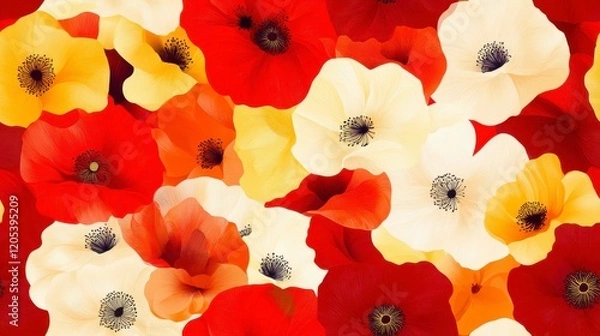 Fototapeta Vibrant Poppy Pattern, a seamless design showcasing intricate red and yellow poppies, ideal for textiles and backgrounds.