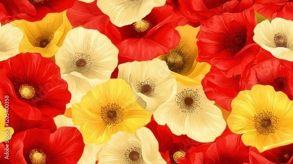 Fototapeta Vibrant seamless poppy pattern in bold red and yellow hues, intricate design perfect for textiles and wallpapers, lively floral motif