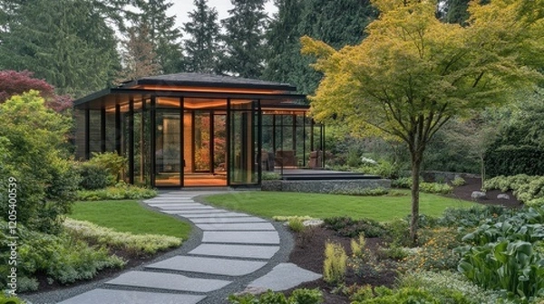 Fototapeta A stylish modern garden house with glass walls, a stone pathway leading to the entrance, and an immaculate garden