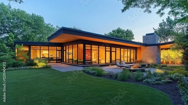 Fototapeta Minimalist modern house featuring large glass windows, spacious rooms, and sleek finishes, perfectly combining functionality with contemporary aesthetics