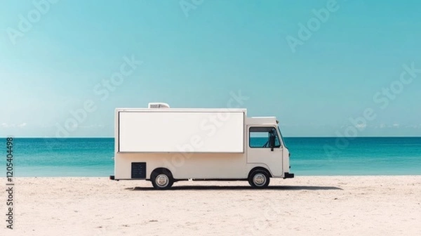 Fototapeta A blank food truck PNG mockup positioned on a sandy beach with a minimalistic backdrop of the ocean, ideal for presenting creative branding ideas.