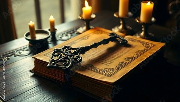 Fototapeta An ancient key on a book with yellowed pages illuminated by flickering candlelight.