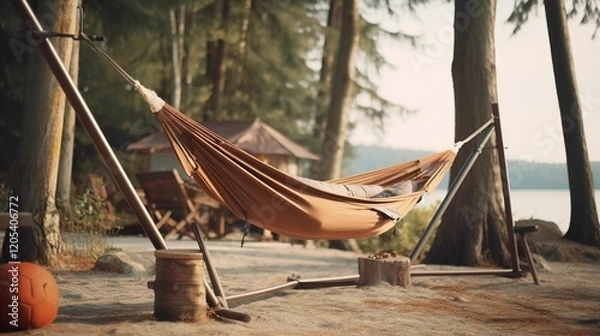 Fototapeta A photo of a portable hammock stand set up at a camps