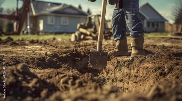 Fototapeta A photo of a post-hole digger digging holes for fence