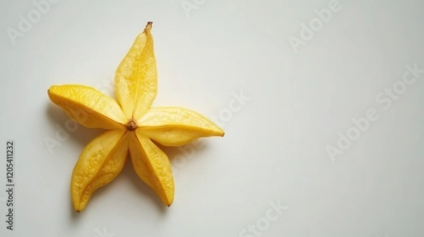 Fototapeta A bright yellow fruit resembling a flower rests on a clean white surface, showcasing its unique shape and vibrant color.