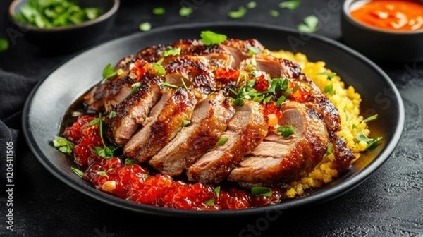 Obraz Juicy roasted duck breast with a crispy outer layer, styled with vibrant sauces for modern appeal