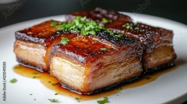 Fototapeta Juicy pork belly with soft lighting, emphasizing the crispy texture and succulent interior, styled on a minimalist white plate