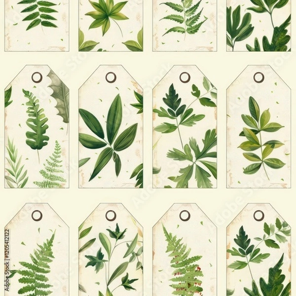 Fototapeta Botanical Labels Tags with leaf motifs Seamless pattern illustration