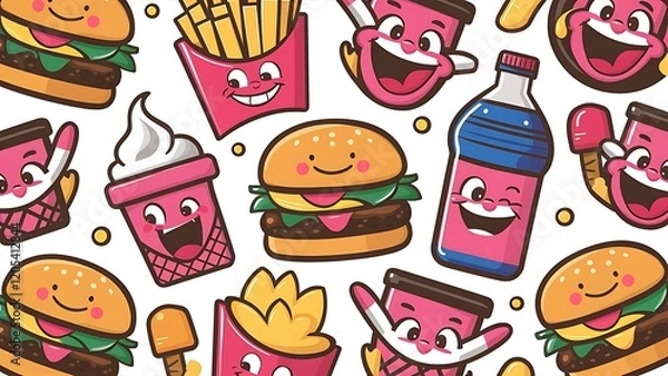 Obraz Set of colorful cartoon fast food icons. Isolated vector.