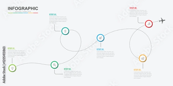 Obraz Infographic design template. Timeline concept with 6 steps. Can be used for workflow layout, diagram, banner, webdesign. Vector illustration