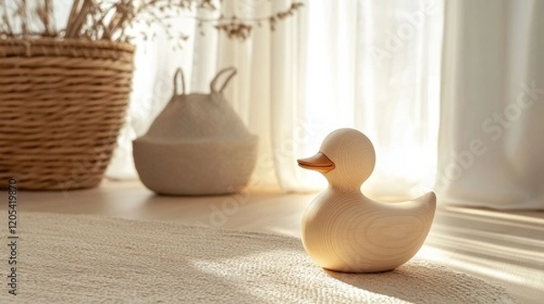 Fototapeta Minimalist duck toy crafted from smooth wood, featuring simple yet elegant design, styled in a natural light-filled play area