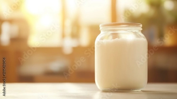 Fototapeta Small glass jar filled with fine white bone powder on a clean minimalist table, showcasing texture and simplicity. Minimalist and scientific concepts.