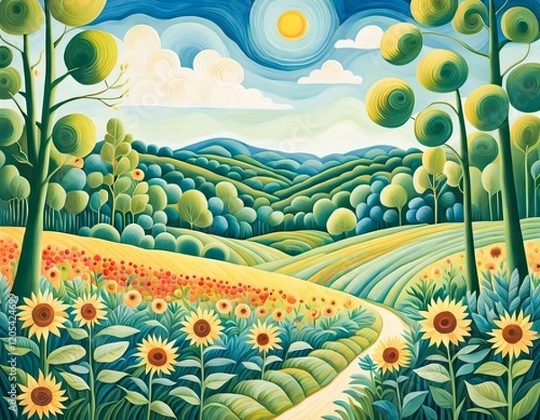 Fototapeta Pastel Landscape with Sunflower Fields and Path