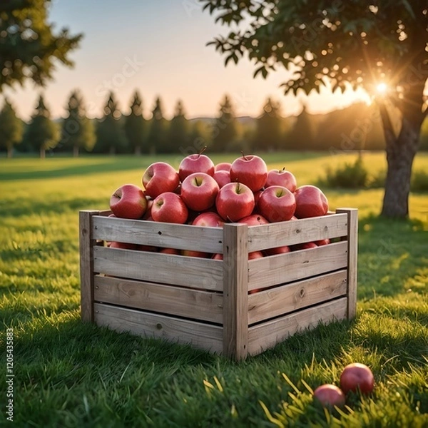 Fototapeta Fresh red apples in a wooden crate, crate standing on the grass in the garden, sunset.