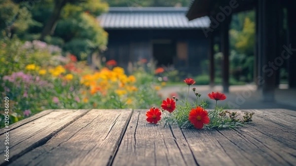 Fototapeta Red cosmos flowers on weathered wooden planks in a tranquil garden setting with a blurred background of colorful blooms and a traditional building.